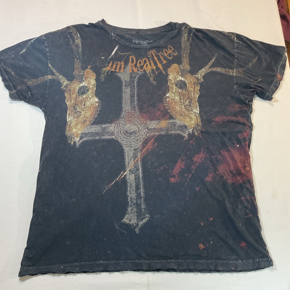 Team RealTree Black T-Shirt Vintage, Worn Look, Cross & Deer Skull, Size XXL